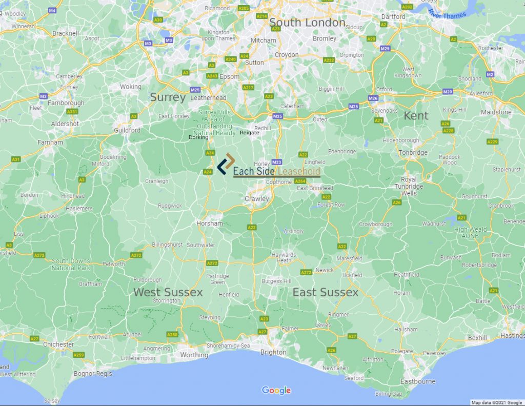 Map of South East England showing Surrey, East Sussex, West Sussex, Kent, South London and Location of Each Side Leasehold.
